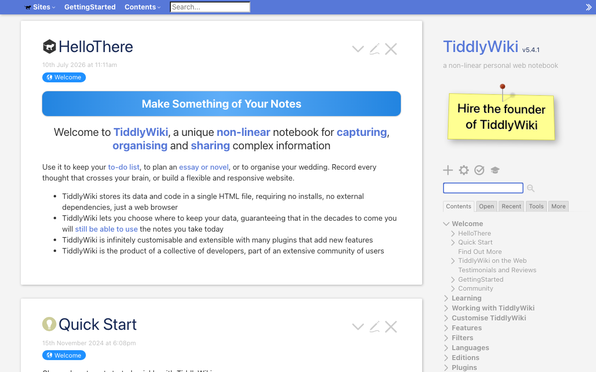 Screenshot of TiddlyWiki